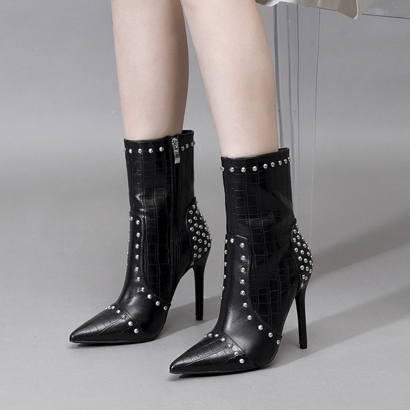 Ankle Boots Studded Stiletto High Heel Pointed Toe Booties - Picture 3 of 6
